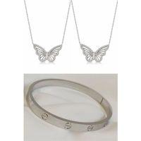 2'Lİ Set - Zirkon Taşlı Kelebek Bayan Çelik Kolye, Kartier Alaşım Bileklik Gümüş Renk SNJ-SET1007