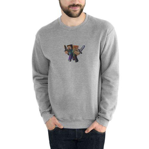 Minecraft Illüstrasyon Baskılı Gri Erkek Sweatshirt