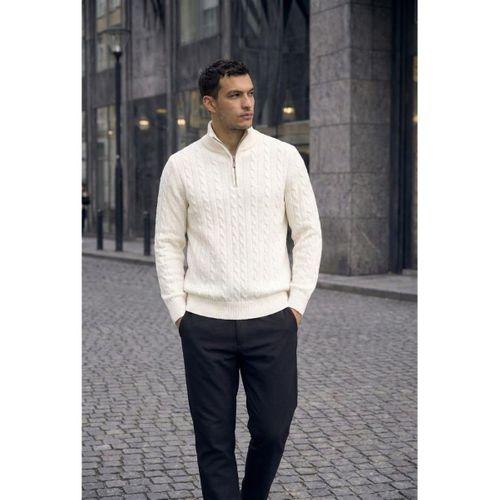 Bardem Saç Örgülü Yarım Fermuar Erkek Triko Kazak - Ekru