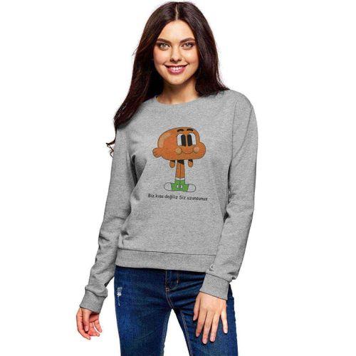 Gumball Biz Kısa Degiliz Siz Uzunsunuz Baskılı Gri Kadın Sweatshirt