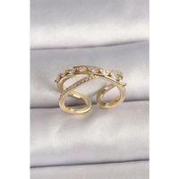 Pirinç Gold Renk Zirkon Taşlı Ayarlanabilir Kadın Yüzük