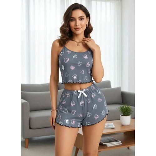 Kadın Gri Kalp Desenli Askılı Şortlu Pijama Takımı