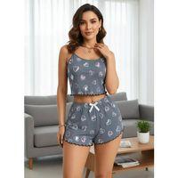 Kadın Gri Kalp Desenli Askılı Şortlu Pijama Takımı