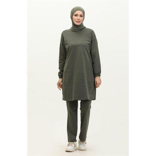 Yırtmaçlı Bisiklet Yaka Sade Basic Eşofman Spor İkili Takım - 03060.005 - Haki