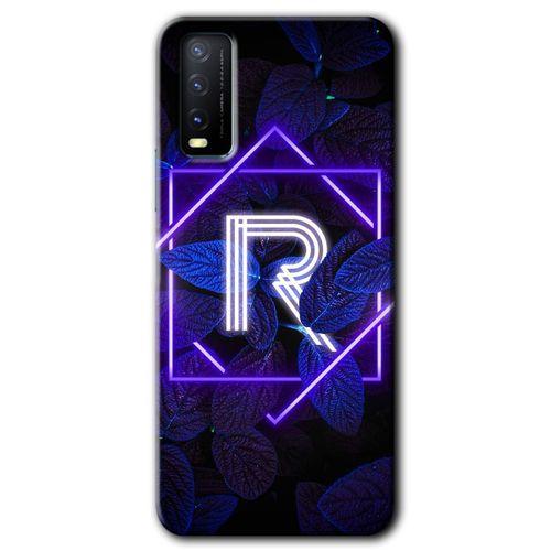 MRCİLETİSİM Vivo Y11s Kılıf HD Desen Baskılı Arka Kapak + Temperli Cam - Dark Neon Yaprak R Harfi