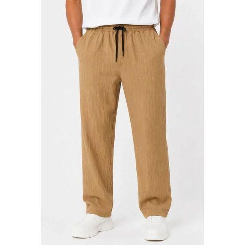Erkek 2li Bürümcük Kumaş Beli Lastikli Bağcıklı Bol Paça Pantolon - Beyaz/Vizon