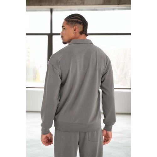 Scuba Modal Kumaş Relaxed Fit Yarım Fermuarlı Polo Yaka Erkek Sweatshirt - Füme