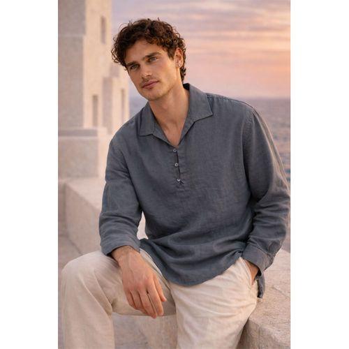 Baldwin Apaş Yaka Britli 3 Düğmeli İnce Modal Kumaş Oversize Uzun Kollu Yazlık Erkek Gömlek - Füme