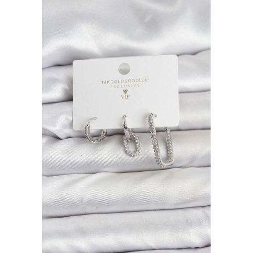 Gümüş Renk Zirkon Taşlı 3'lü Kadın Küpe Seti