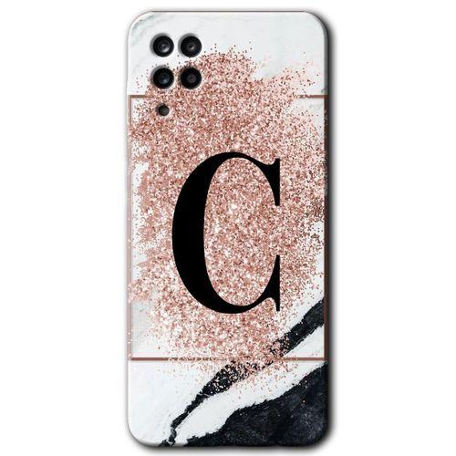 Potkal Hediye Fabrikası Samsung Galaxy A12 HD Baskılı Kılıf + 9D Tam Ekran Koruyucu - Pembe Mermer Desenli C Harfi