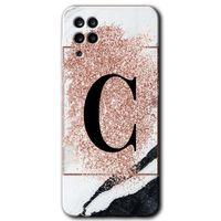 Potkal Hediye Fabrikası Samsung Galaxy A12 HD Baskılı Kılıf + 9D Tam Ekran Koruyucu - Pembe Mermer Desenli C Harfi