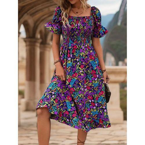 Kadın Kısa Kollu Kare Yakalı Beli Lastikli çiçek Desenli Mini Süprem Elbise