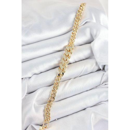 Pirinç Zirkon Taşlı Küba Zincir Model Gold Renk Kadın Bileklik