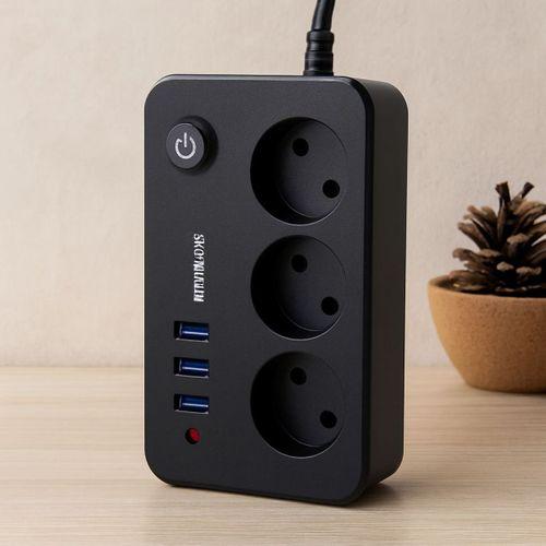 Anahtarlı Termal Korumalı 3'lü Priz + 3xUSB 2.1A 2m Uzatma Kablosu Siyah