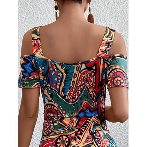 Kadın Omuzlardan Açıl Askılı Desenli Süprem Elbise