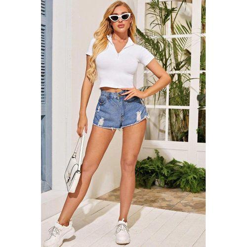 Kadın Beyaz Yarım Fermuarlı Ve Kısa Kollu Crop Top Bluz