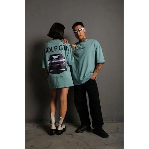 Erkek Oversize Baskılı Tişört – Golf GTI Retro Araba Desenli, Ön - Arka Dijital Baskı, Sokak Modası Stil - Mint Yeşili