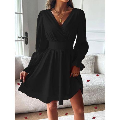 Kadın Uzun Kollu Kruvaze Yakalı Mini Sandy Elbise
