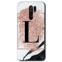Xiaomi Redmi 9 Kılıf Baskılı Arka Kapak - Pembe Mermer Desenli L Harfi +Tam Ekran Koruyucu
