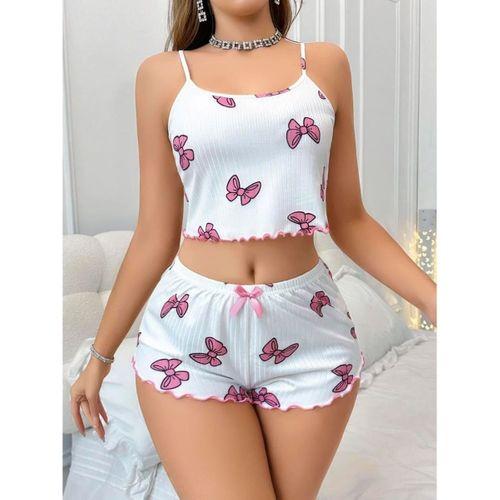 Pamuklu Beyaz Üstüne Pembe Kurdela Desenli Fitilli Askılı Şortlu Pijama Takımı