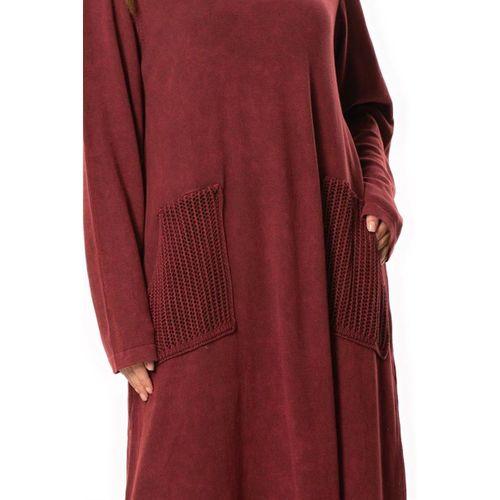 Uzun Kol Sevda Geniş Boğazlı Sonbahar ve Kışlık Cepli Triko Elbise Bordo Brd