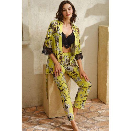 Dokuma Viskon Çiçek Baskılı Dantelli Sabahlık Balenli Desteksiz Dolgusuz Büstiyer Sütyen Ve Pantolon Pijama 3'lü Takım