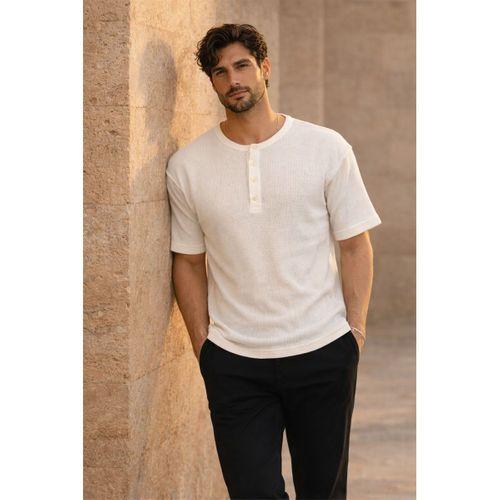 Roth Relaxed Fit Günlük Henley Yaka Waffle Kumaş Yazlık Kısa Kollu T-Shirt - Ekru