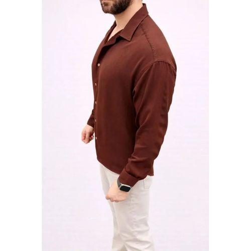 Erkek Aerobin Kumaş Oversize 4 Mevsim Uzun Kollu Rahat Kalıp Gömlek - Kahverengi