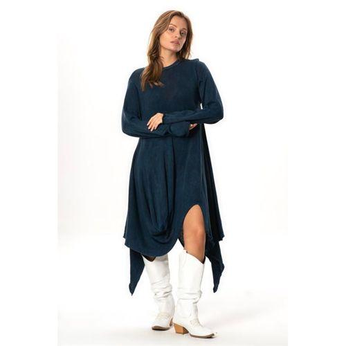 Uzun Kol Handan Asimetrik Kesim Sonbahar ve Kışlık Dökümlü Midi Boy Triko Elbise İndigo indg