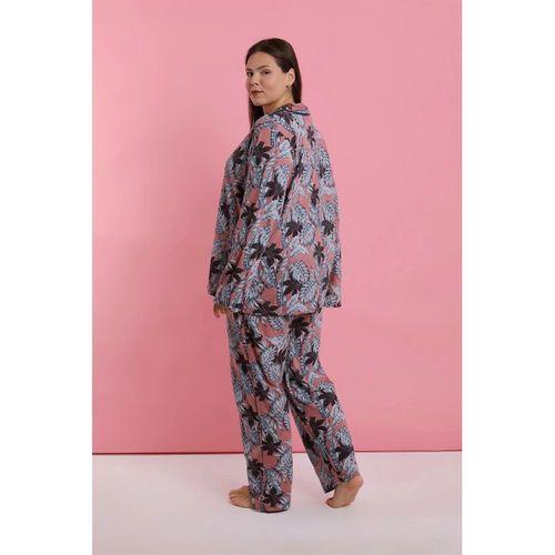 Kadın Büyük Beden Somon Yaprak Desenli Düğmeli Pijama Takımı