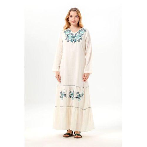 Uzun Kol Venedik Nakışlı Şile Bezi Otantik Uzun Elbise Krem Krm