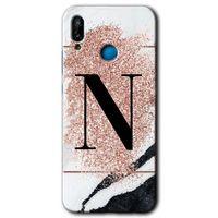 Huawei P20 Lite Kılıf HD Desen Baskılı Arka Kapak - Pembe Mermer Desenli N Harfi + Kırılmaz Cam