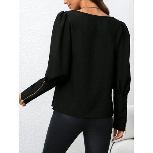 Kadın Uzun Kollu Bisiklet Yaka Fermuar Detaylı Ithal Krep Bluz