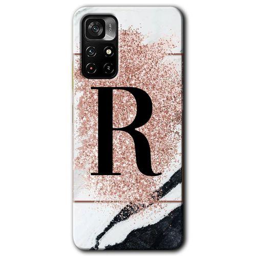 MRCİLETİSİM Poco M4 Pro 5G Kılıf HD Desen Baskılı Arka Kapak + Temperli Cam - Pembe Mermer Desenli R Harfi