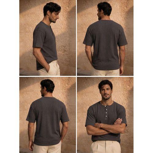 Roth Relaxed Fit Günlük Henley Yaka Waffle Kumaş Yazlık Kısa Kollu T-Shirt - Füme