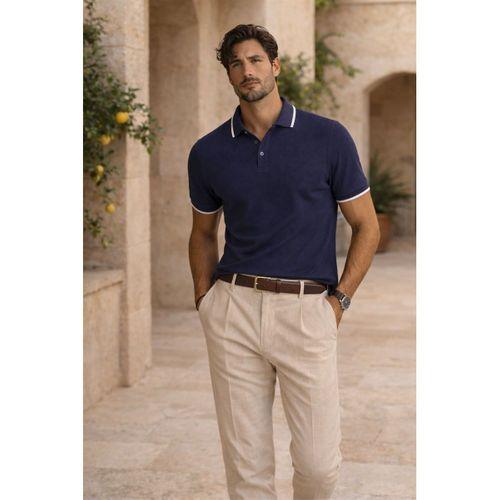 Balzac Yakası Şeritli Düğmeli Polo Yaka Basic Günlük Petek Örgü Triko Erkek T-Shirt - Lacivert