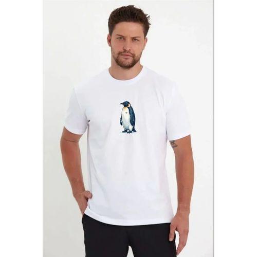 Erkek Oversize Tişört - Sırt Baskılı Survivor Penguin Temalı, Felsefi Yazılı Bisiklet Yaka Tişört - Beyaz