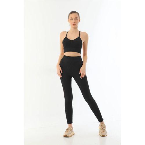 Siyah  3921 Soft Seamless Ripli Tayt Yoga Takımı