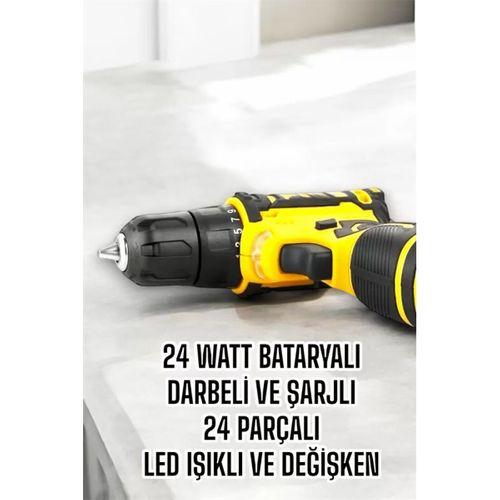 Çift Bataryalı Metal Dişli Darbeli Şarjlı Matkap Seti 24w Güç Ve 24 Parça Aksesuar