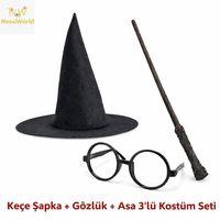 Harry Potter Tarzı Çocuk Seti (Siyah Keçe Şapka, Asa, Gözlük)