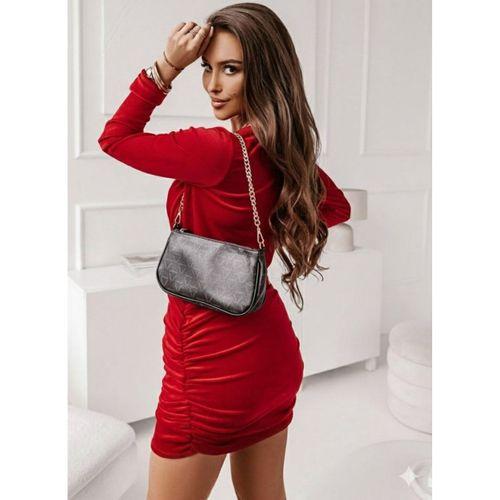 Kadın Uzun Kollu Kruvaze Yaka Yandan Büzgülü Mini Ithal Krep Elbise