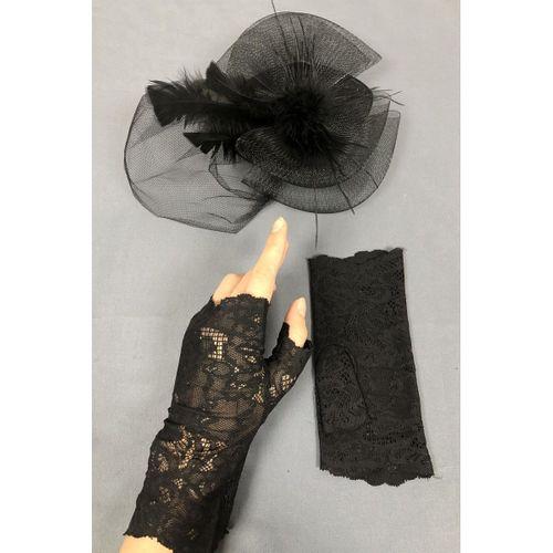 Siyah Vualet Şapka ve Dantelli Eldiven