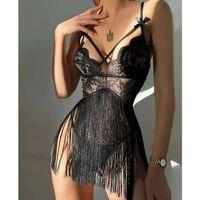 Siyah Püsküllü Dantel Detaylı Fantezi Gecelik