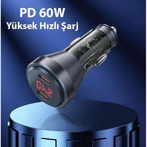 HOCO NZ12C Graceful PD60W 2 Type-C Girişli Araç Çakmaklık Hızlı Şarj Aleti + Type-C to Type-C Kablo