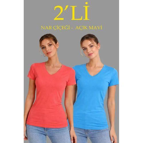 2li V Yaka Tişört – Kısa Kollu Yazlık Slim Fit Body - Nar Çiçeği - Açık Mavi