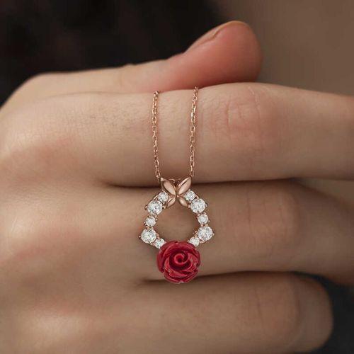 ​​Lucky Life 925 Ayar Gumuss  Rose Kırmızı Gül Kolye