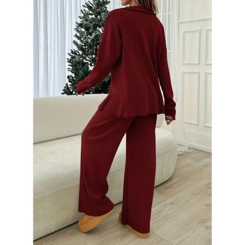 Kadın Uzun Kollu V Yakalı şardonlu Kaşkorse Bluz Ve Pantolon Ikili Takım