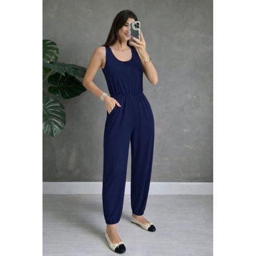 Kadın Askılı Yuvarlak Yakalı Cepli Viskon Tulum