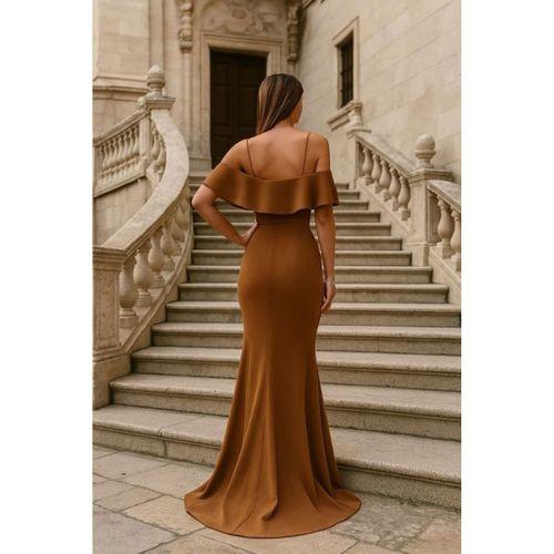 Kadın Dalgıç Krep Yırtmaç Detaylı Askılı Maxi Boy Elbise