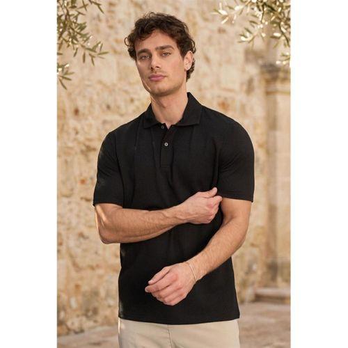 Evenor Kabartma Desenli Polo Yaka Düğmeli Relaxed FitYumuşak İnce Erkek T-Shirt - Siyah